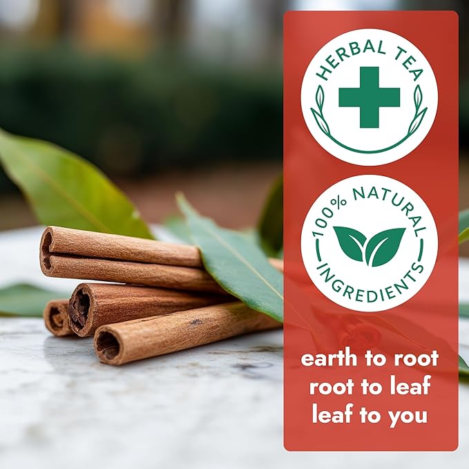 Vital Bloom Pure Cinnamon Tea, warm, spicy flavor, 100% Natural, Caffein Free, Hot or Cold Brew Herbal Tea, Bleach Free Tea Bags, Non GMO (Free Bamboo Tongs included)