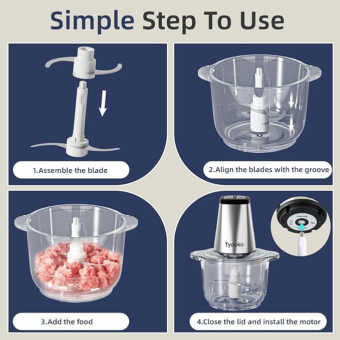 Electric Food Processor Vegetable Chopper, Easy Clean Meat Grinder with 2 Bowls (8 Cup Stainless Steel+8 Cup Glass), Small Food Mixer for Fruits/Meat/Nuts/Fish/Veggie/Pet Food/Baby Food