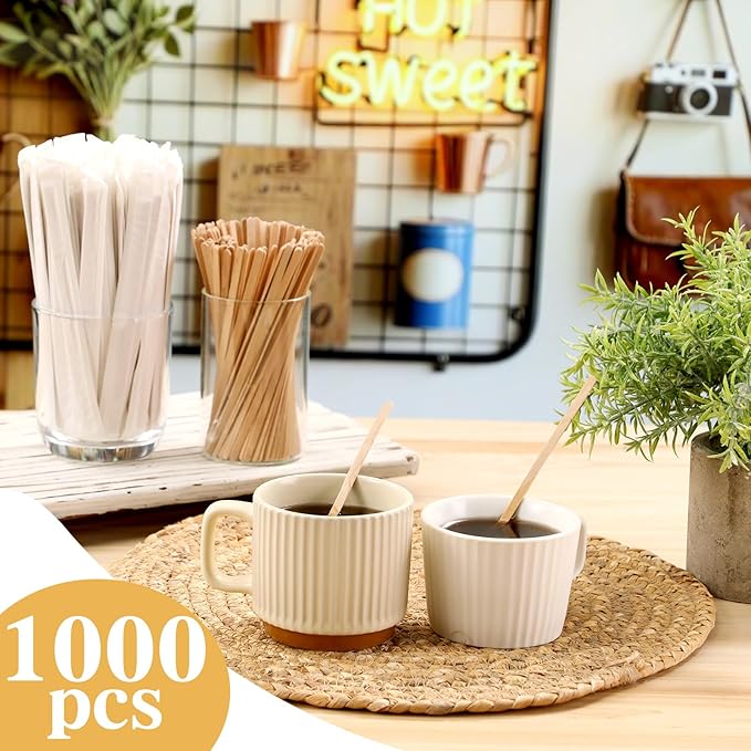 Amyhill 1000 Pcs Individually Wrapped Wooden Coffee Stirrers, Disposable Coffee Stir Sticks Round End Sticks Bulk Wood Stirrers for Cocktail Hot Drinks Restaurant Bar Home Office (5.5 Inch)