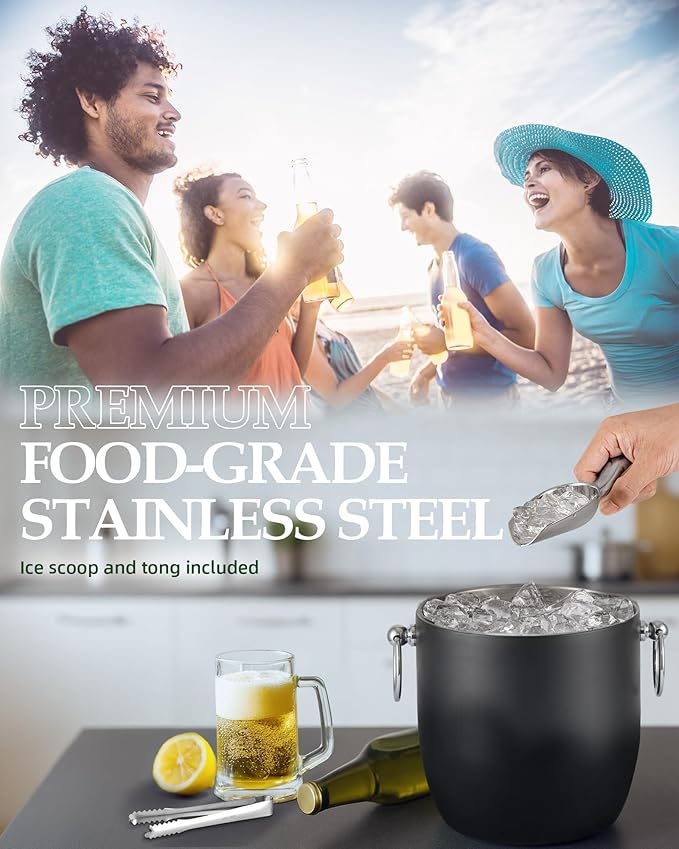 Insulated Ice Bucket, 3L Double Wall Stainless Steel Ice Bucket with Tongs,Lid, Scoop and Strainer, Ice Buckets for Parties,Cocktail Bars, Chilling Beer, Champagne, Wine Bottles