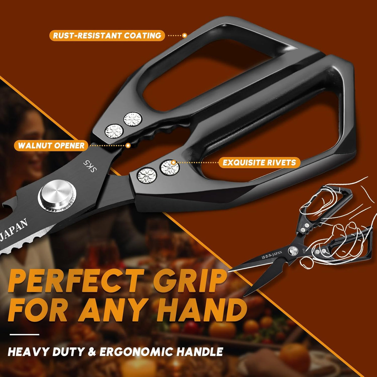 HUUSK Kitchen Scissors Set Black - Upgraded Stainless Steel Kitchen Shear, Sharp Meat Scissors, Heavy Duty Poultry Shears, Japanese Cooking Scissor for Food, Chicken Bones, and Turkey, Dishwasher Safe