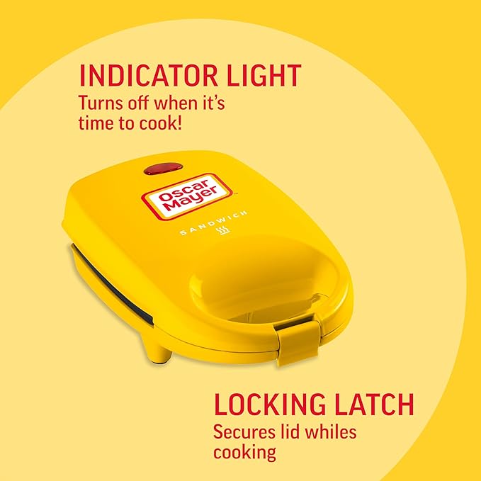 Nostalgia Oscar Mayer Sandwich Maker with Beverage Cooler Bag, 5-Inch Nonstick Cooking Surface with Indicator Lights and Lock Feature, Lunch and Beverage Tote Included, Yellow