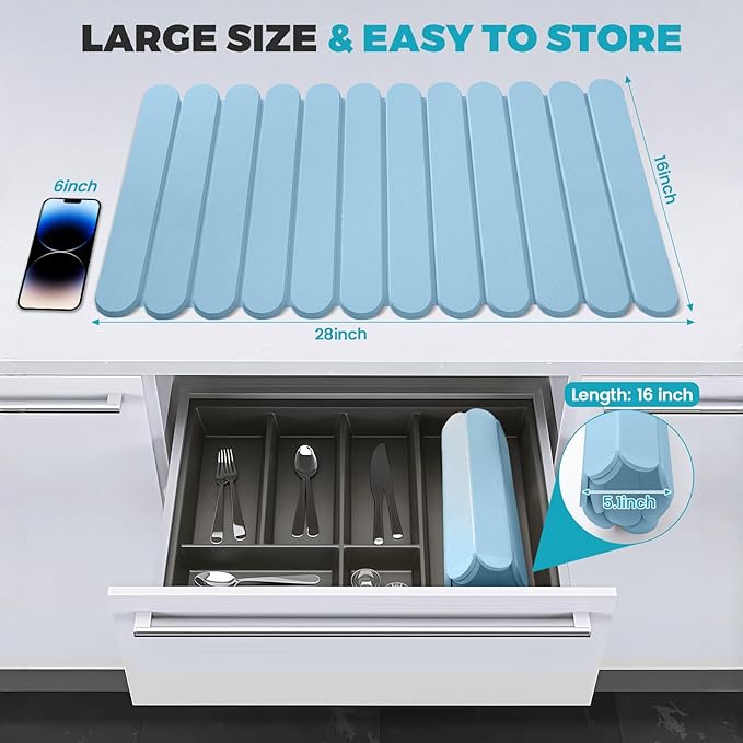 Extral Large Quick Dry Stone Drying Mat for Kitchen Counter,28"(L)x16"(W) Collapsible Eco-Friendly Absorbent Diatomaceous Earth Mat for Dishes Cups,Dish Drying Mats (Blue-Ellipse, 28x16 inch)