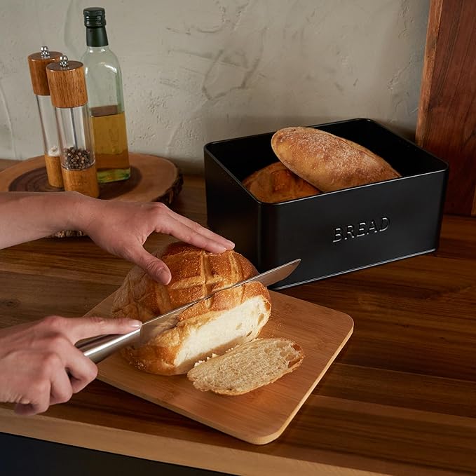 ZICOTO Beautiful Bread Box With Wooden Lid For Your Kitchen Countertop - Spacious Container Perfectly Stores Your Homemade Bread, English Muffins & Bagels - Quality Cutting Board Lid Keeps Loaf Fresh