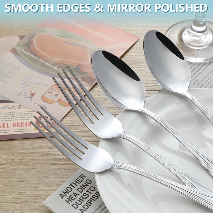 24 PCS Spoons and Forks Set, Food Grade Stainless Steel with Pearl Dot Design Handle Silverware Set, Mirror Polished Dishwasher Safe, Silverware Forks and Spoons for Home or Restaurant