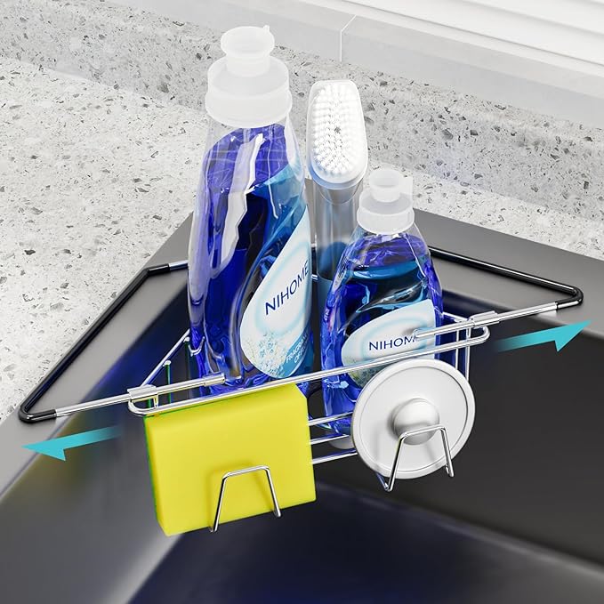 NiHome Extendable Arm Stainless Steel Kitchen Sink Corner Caddy, Easy Install Space-Saving Adjustable Sponge Holder for Most Square Standard Sinks, Non-Slip Rust-Resistant for Brushes, Soap, Sponges