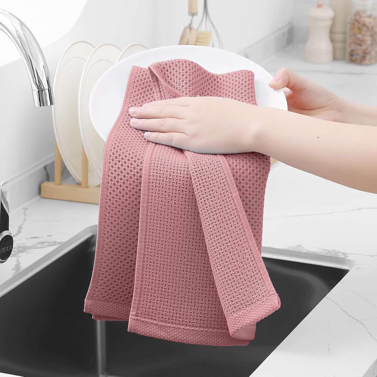 Homaxy 100% Cotton Waffle Weave Kitchen Dish Towels, Ultra Soft Absorbent Quick Drying Cleaning Towel, 13 x 28 Inches, 6-Pack, Dried Rose