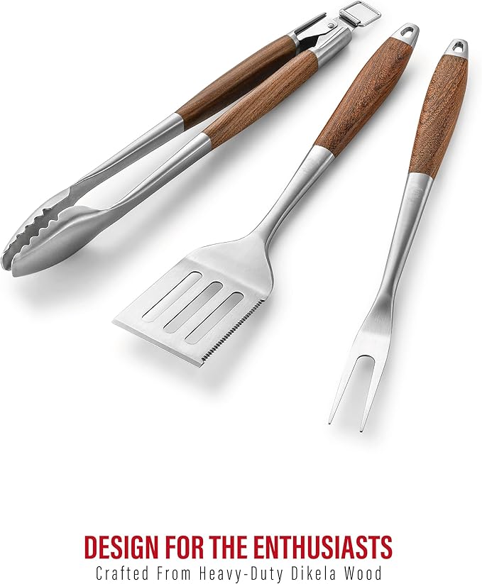 Heavy-Duty Dikela Wooden BBQ Grilling Tools Set. Extra Thick Stainless Steel Multi-Function Spatula, Fork & Tongs | Essential Accessories for Barbecue & Grill. Ideal Gift for Father