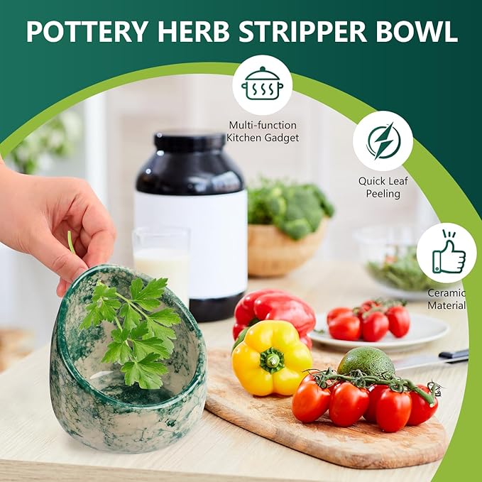 Pottery Herb Stripper Bowl, Handmade Ceramic Herb Peeling Bowl, for Separating Leaves and Stems (Green)