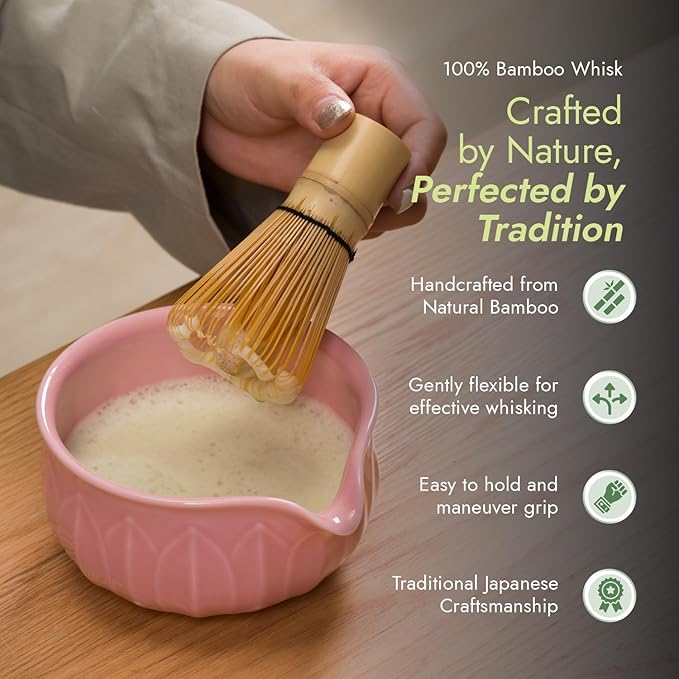 Matcha Whisk Set - 7pcs Japanese Tea Ceremony Kit with Spouted Bowl & Bamboo Whisk, Matcha Starter Kit for Beginners - Authentic Green Tea Accessories, Gift Set for Lovers-Pink