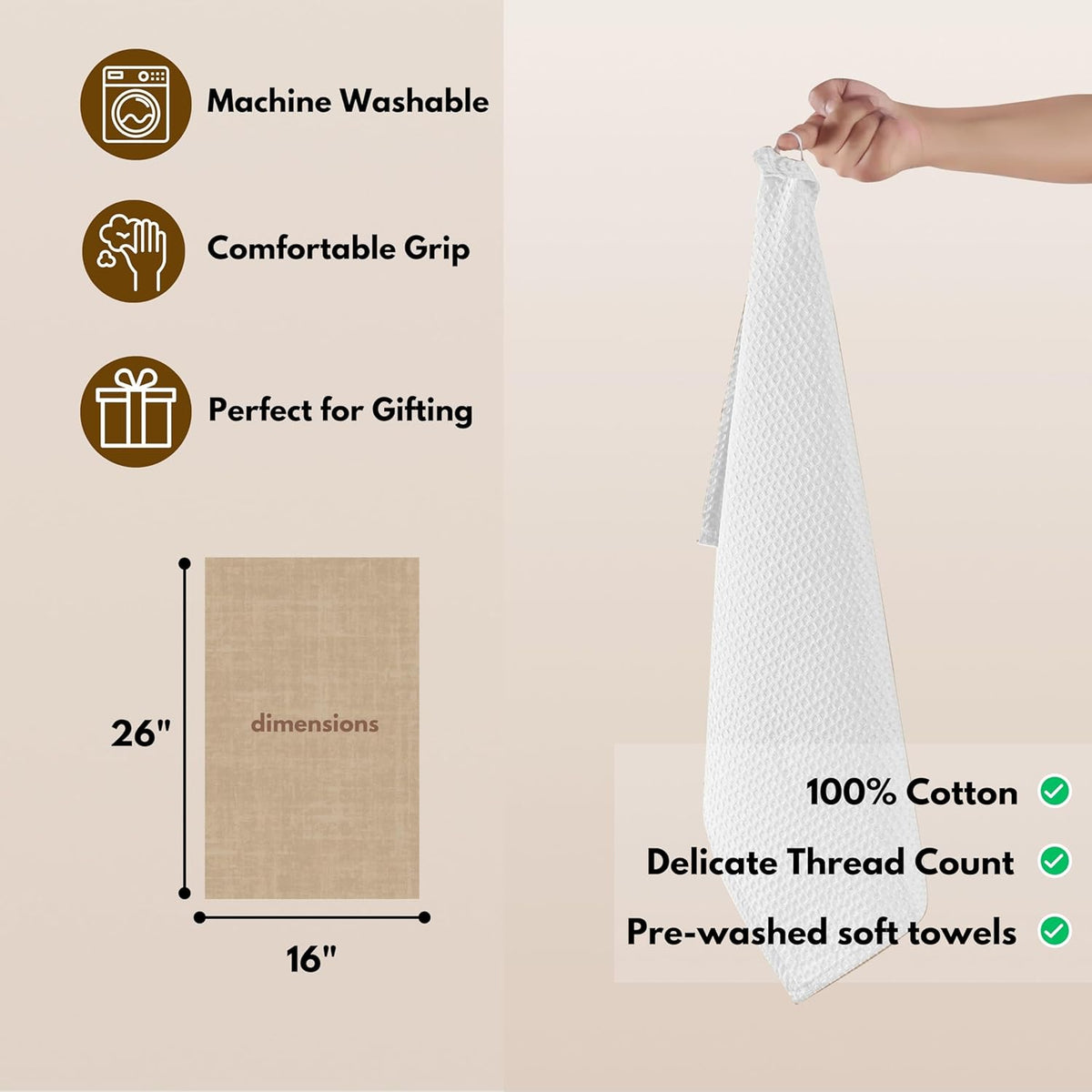 Native Fab Cotton Kitchen Towel with Hanging Loop 16x26 inches, 12-Pack, Waffle Weave Kitchen Towels for Cleaning Drying, Washcloths Soft & Absorbent Cloth Rags, Bar Towel, Dish Cloth, White