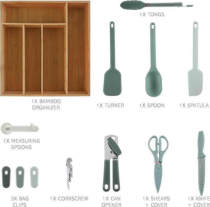 COOK WITH COLOR Bamboo Kitchen Utensil Set with Drawer Organizer | Cooking Tools and Storage Caddy, Sage, 18 Piece Gadget Set