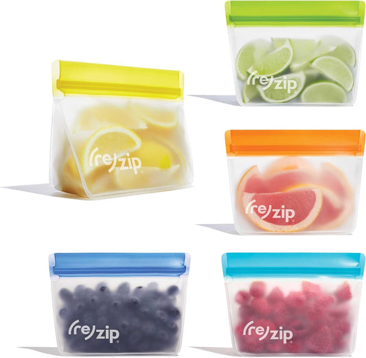 (re) zip 5-pack Stand-Up Reusable Bags | BPA-Free, Food Grade, Leakproof, Freezer and Dishwasher Safe | 5 Snack-Size Bags (1-Cup / 8-Oz) | Multicolor for Easy Organization