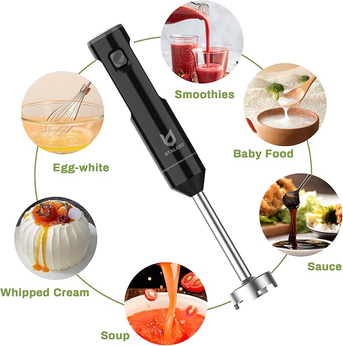 Cordless Hand Blender, UTALENT Variable Speed Immersion Blender Rechargeable, with 500ml Chopper, 600ml container, Egg Whisk, for Smoothies, Baby Food and Soups – Black