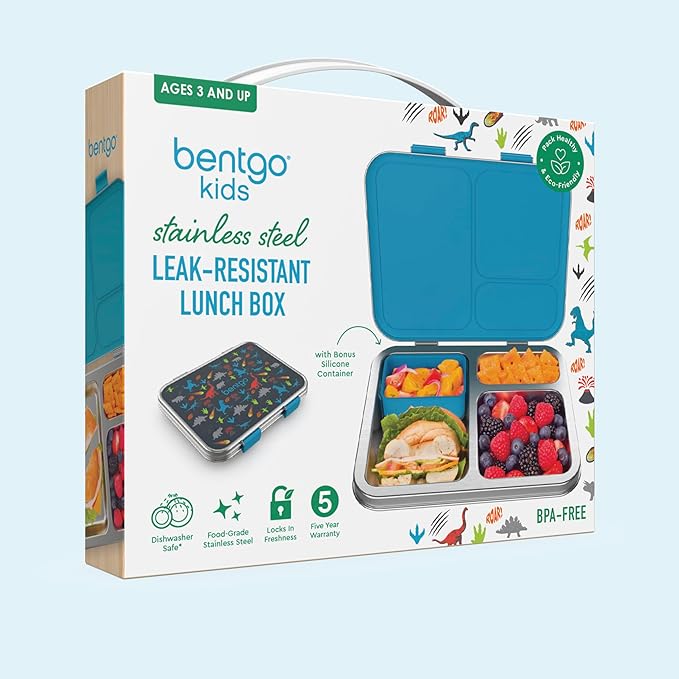 Bentgo Kids Stainless Steel Prints Leak-Resistant Lunch Box - 3-Compartments with Bonus Silicone Container, Durable, Eco-Friendly, Dishwasher Safe, BPA-Free, Ideal for School, Ages 3+ (Dinosaur)