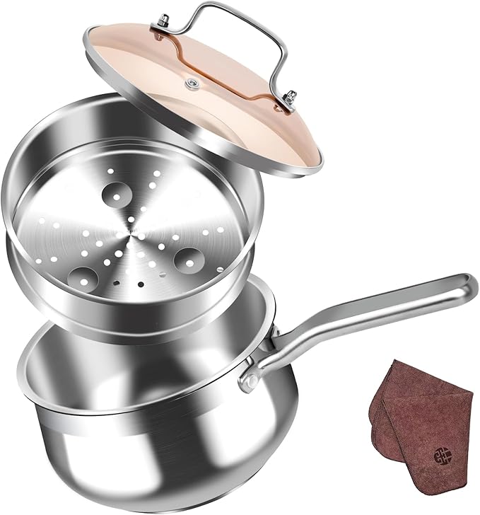 WANGYUANJI 2.5-Quart Stainless Steel Saucepan with Steamer Basket, 2-in-1 Pot & Steamer, Tri-Ply Base, Tempered Glass Lid, Induction Compatible