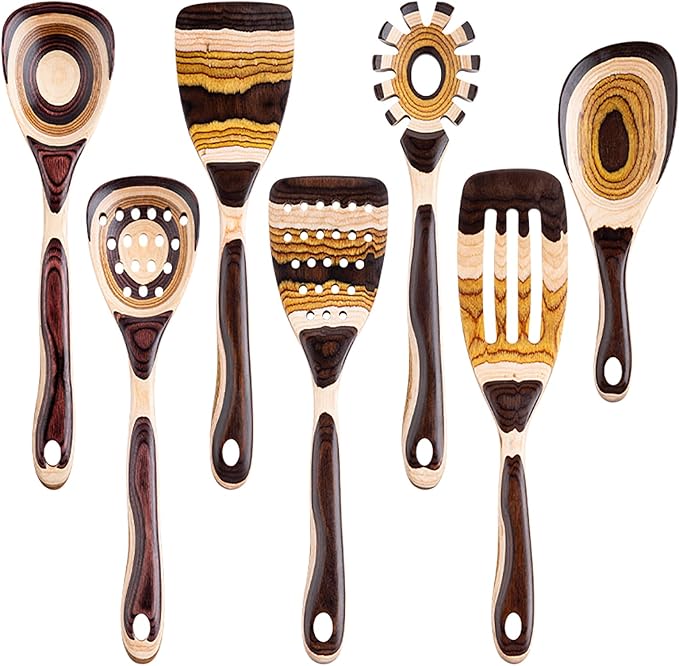 Gudamaye 7-Piece Brown Pakkawood Utensils Set – Sturdy, Eco-Friendly, Wooden Spoons for cooking, Wooden Utensil for cooking, Wooden Kitchen Tool, Home & Kitchen Gifts for Men and Women