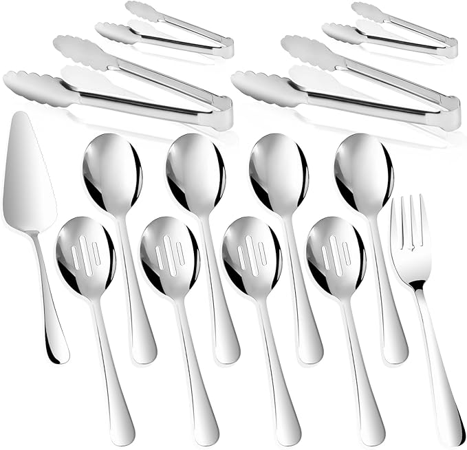 14PCS Serving Utensils - Hostess Serving Utensils Set, Premium Stainless Steel 8.7 inch Serving Utensils, Slotted Spoons, Fork, Tongs, Cake Pie Server for Buffet, Wedding, Dinner (Silver)