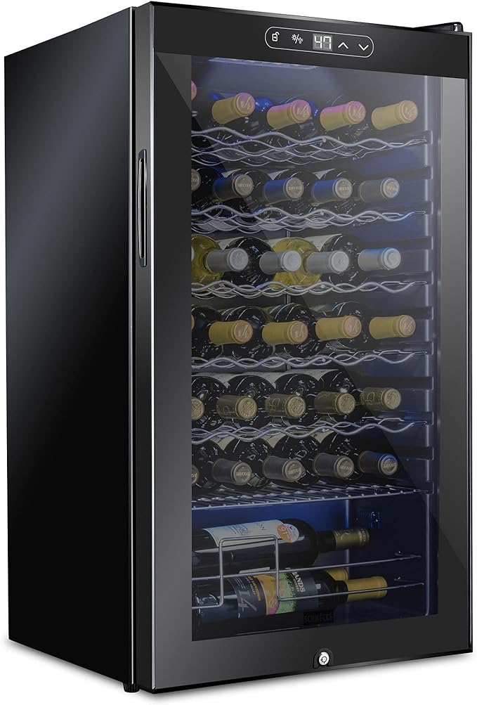 Schmecke 34 Bottle Compressor Wine Cooler Refrigerator w/Lock | Large Freestanding Wine Cellar | 41f-64f Digital Temperature Control Wine Fridge For Red, White, Champagne or Sparkling Wine - Black