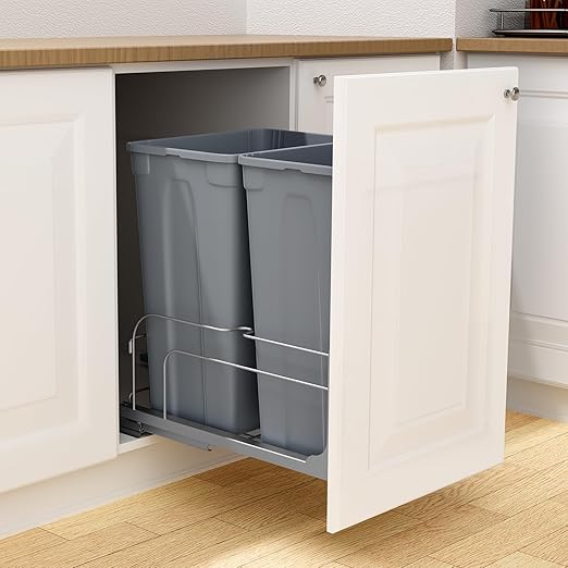 VEVOR Pull-Out Trash Can, 50 QT x2 Double Under Mount Kitchen Waste Container, Heavy Duty Garbage Recycling Bin with Door Kit and Soft Close Slide, for Kitchen Cabinet, Sink, Under Counter (Grey)