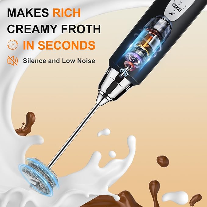 YUSWKO Black Handheld Milk Frother Wand with Stand for Coffee, Rechargeable Electric Whisk with 3 Heads 3 Speeds Drink Mixer Coffee Frother For Latte, Cappuccino, Hot Chocolate, Egg