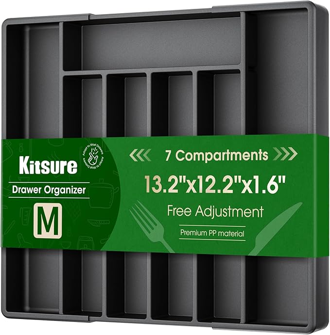 Kitsure Silverware Organizer for Drawers - Expandable Cutlery and Utensil Drawer Organizer with Easy Maintenance, Premium PP Kitchen Organizers and Storage for Flatware, Black, 13.2" x 12.2" x 1.6"