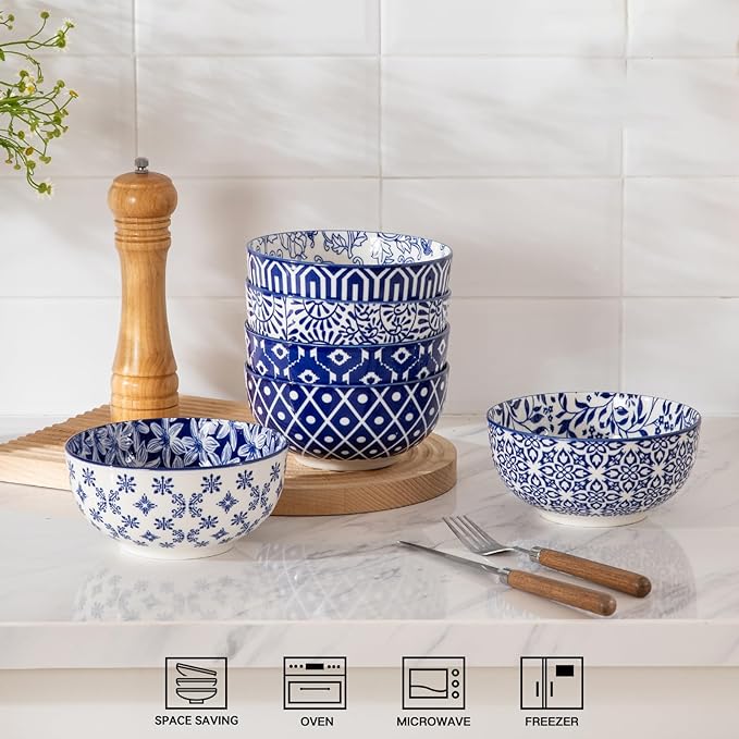 Sweejar Ceramic Cereal Bowls Set, 29 Oz Soup Bowls Microwave & Dishwasher Safe, 6.1 Inch Deep Porcelain Serving Bowls for Kitchen, Fruit, Ramen, Salad, Pasta, Set of 6(Vintage Blue)