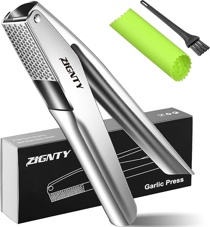 Professional Garlic Press Stainless Steel, Garlic Mincer No Need to Peel, Large Trough Garlic Crusher, Ergonomic Handle Garlic Ginger Presser Masher, Easy Squeeze Rust Proof Dishwasher Safe