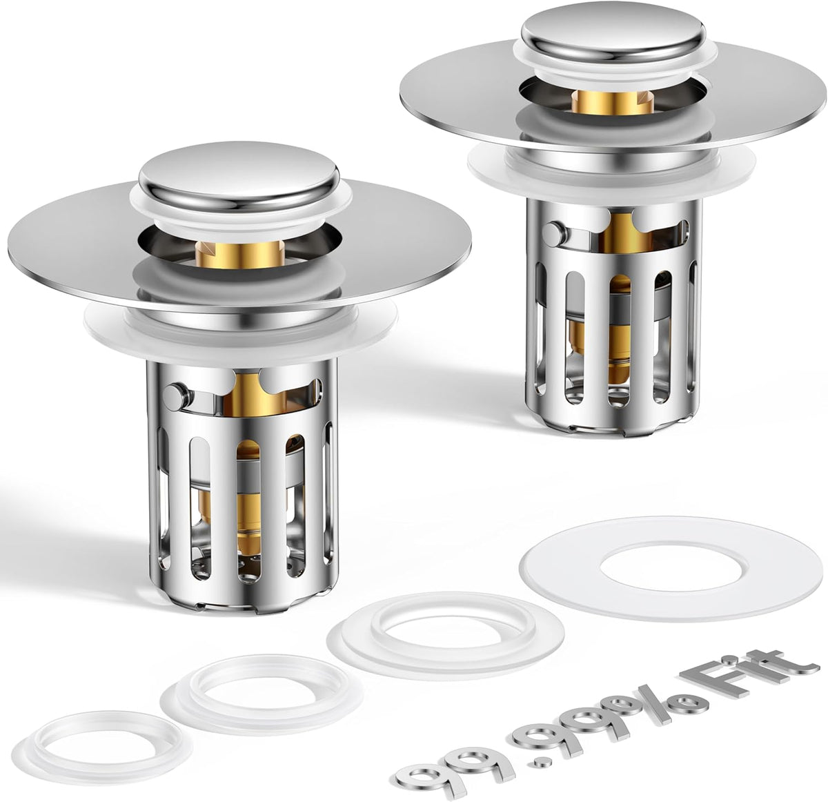 (2 Pc) All Metal Bathroom Sink Stopper Fit 99% - 3 in 1 Universal Pop Up Sink Stopper with Removable Stainless Steel Filter Basket Hair Catcher - for 1.1'' to 2.36'' Basin - Brass Core, 7000+ Tested