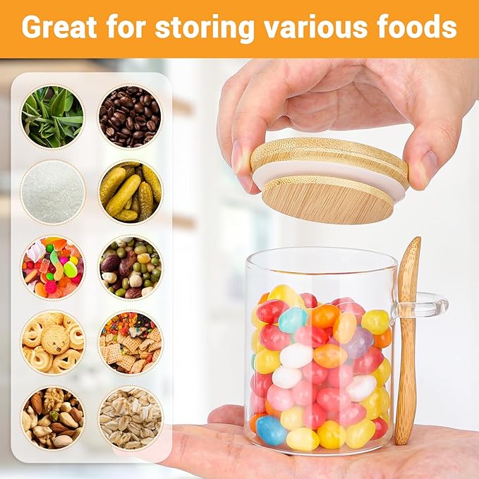 Glass Jar with Bamboo Lids and Spoons - 2 Pack 6 Fl.oz Airtight Round Glass Pantry Containers Set, Includes Labels and Marker, Food Storage Canisters for kitchen for Spice, Coffee, Sugar, Tea