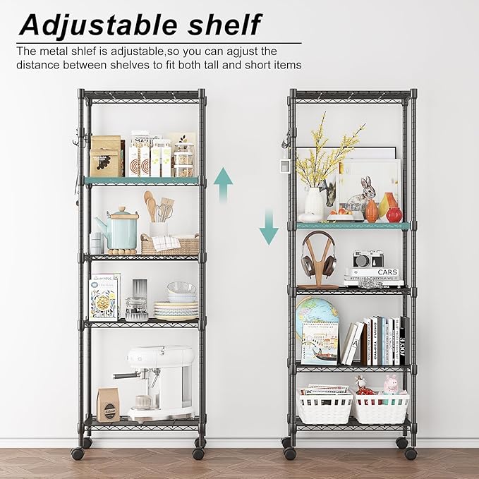 Himimi 5-Tier Wire Shelving Unit on Wheels, Adjustable Heavy Duty Metal Shelves with Side Hooks, Metal Organization Wire Rack for Kitchen Garage Basement, 13" L x 23" W x 72" H, Black