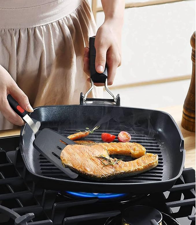 Silicone Spatula Set of 2 for Nonstick Cookware,Tenta Tenta Kitchen Slotted Angle Round Pancake Spatulas 600°F Heat Resistant Classic Rubber Spatula Set For Cooking-Grey/Black