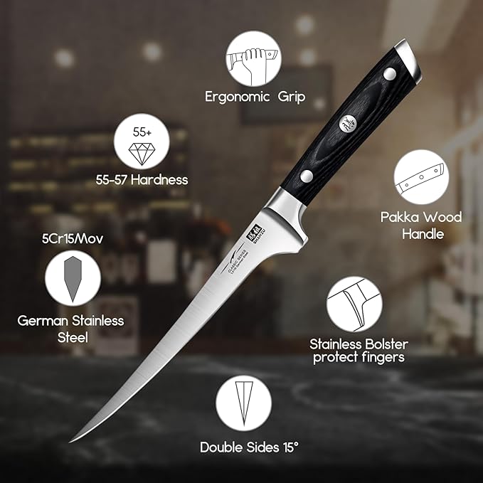 SHAN ZU Fillet Knife 7 Inch- Edge Deboning Fish and Meat Boning Knife, Professional Super Sharp Fish Knives Made of German Stainless Steel Boning Knives with Full Tang Handle