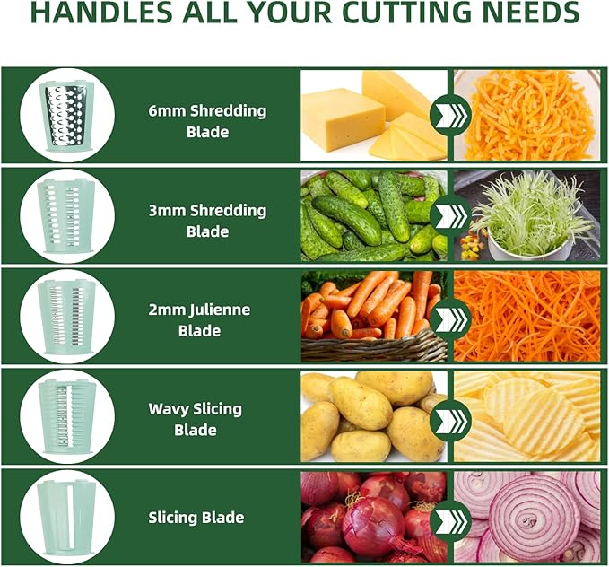 TOPAA Rotary Cheese Grater with Handle Vegetable Shredder with 5 Blades, Round Mando line Slicer and Food Chopper for Kitchen (Green)