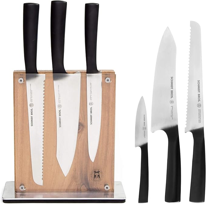 Schmidt Brothers - Carbon 6, 7-Piece Kitchen Knife Set, High-Carbon Stainless Steel Cutlery with Midtown Acacia and Acrylic Magnetic Knife Block