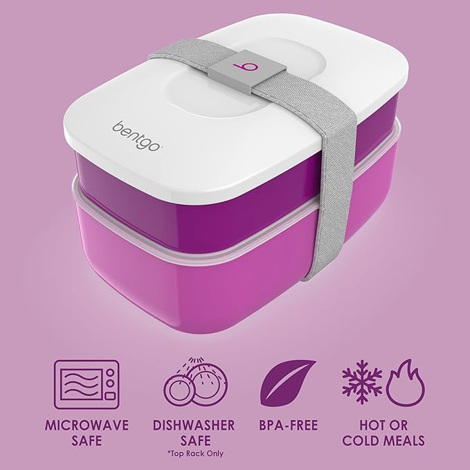 Bentgo Classic - Adult Bento Box, Stackable 3-Compartment Lunch Box with Removable Utensil Set and Sealing Strap, BPA-Free, Food Container Ideal for Meal Prep, Work, and On the Go (Purple)