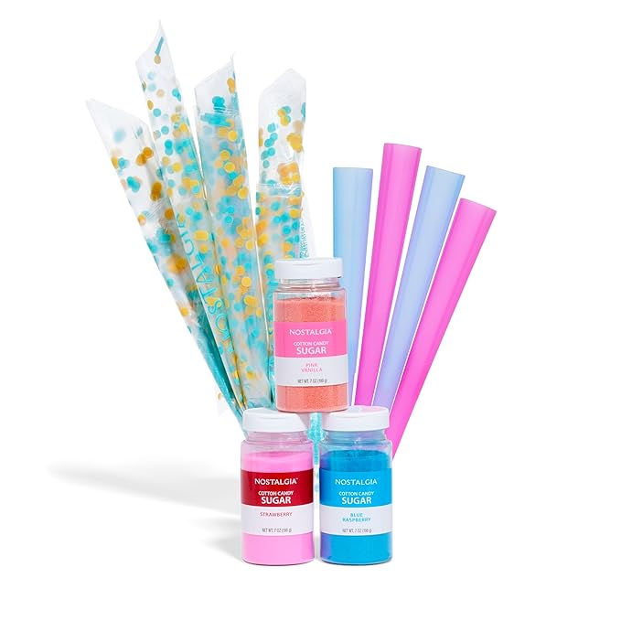 Nostalgia FSCC8 Cotton Candy Party Kit 3 Flavors, 4 Reusable Cones, 10 Floss Bags, 1, blue