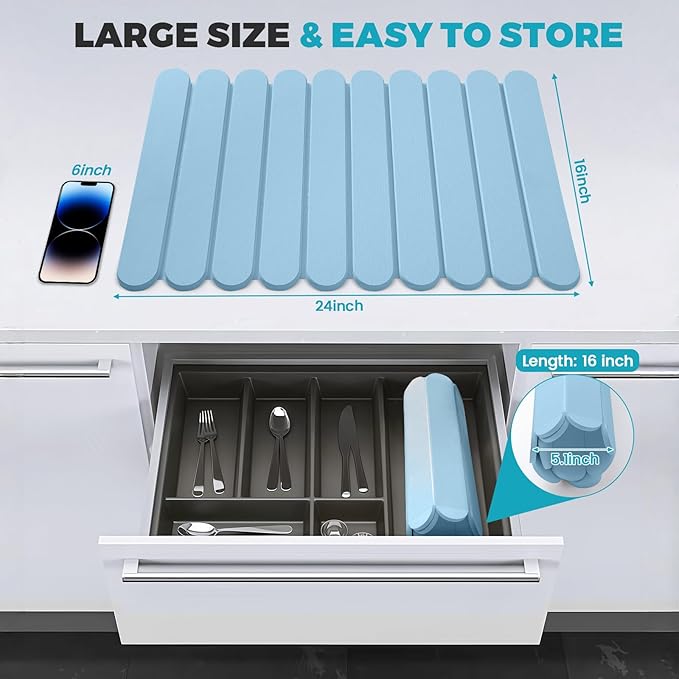 Extral Large Quick Dry Stone Drying Mat for Kitchen Counter,24"(L)x16"(W) Collapsible Eco-Friendly Absorbent Diatomaceous Earth Mat for Dishes Cups,Dish Drying Mats (Blue-Ellipse, 24x16 inch)