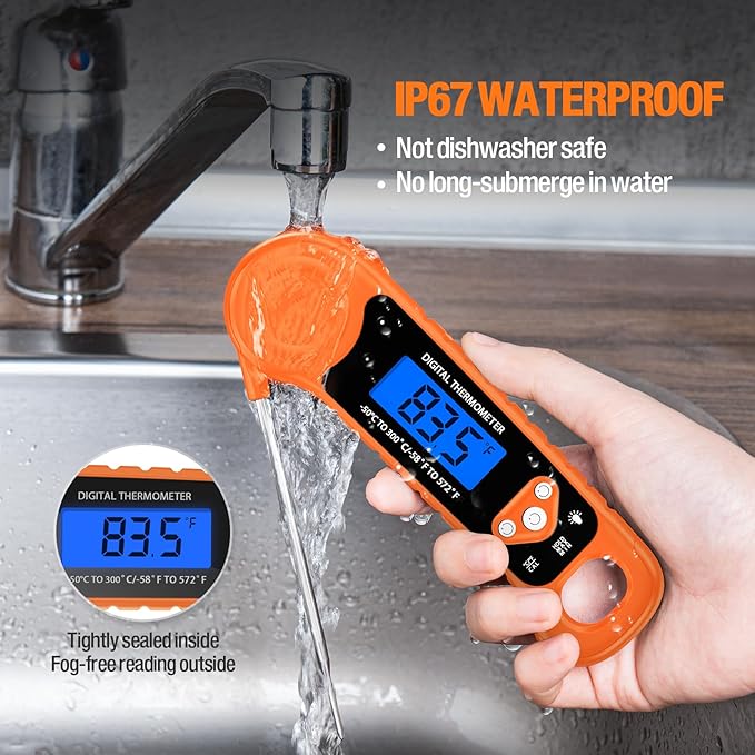 Digital Meat Thermometer for Grilling, Candy Thermometer Instant Read Food Thermometer Waterproof with Backlight for Cooking, Deep Fry, BBQ, Grill, Smoker and Roast (Orange)