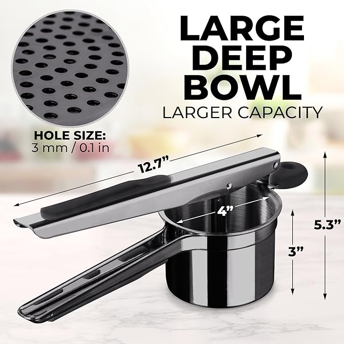 Zulay Kitchen Large 15oz Potato Ricer, Heavy Duty Stainless Steel Potato Masher and Ricer for Mashed Potatoes, Mashed Potato Masher & Potato Press Gadget for Perfect Mashed Potatoes - Metallic Black