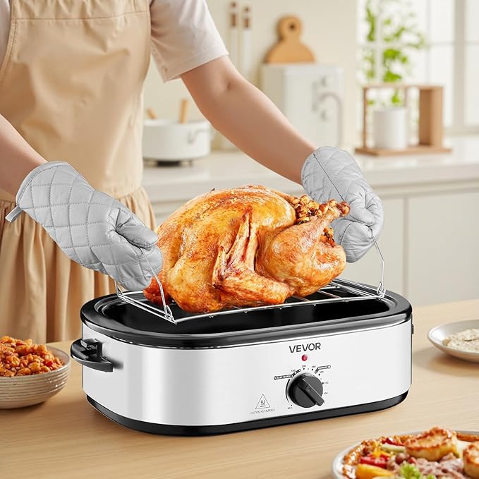 VEVOR Roaster Oven, 18QT Electric Roaster Oven, 150-450℉ Adjustable Temperature Electric Roasting Pan with Self-Basting Lid, Cool-Touch Handle, Defrost & Warm Function, Stainless Steel Turkey Ovens