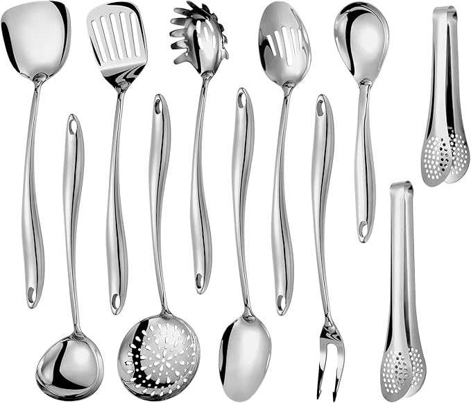 304 Stainlss Steel Kitchen Utensils Set, 11 Pcs Long Metal Cooking Utensil Gadgets Tools Set with Spatula, Spoon, Ladle, Skimmer, Turner, Pasta Server, Tongs(Mirror Polished, Dishwasher Safe)