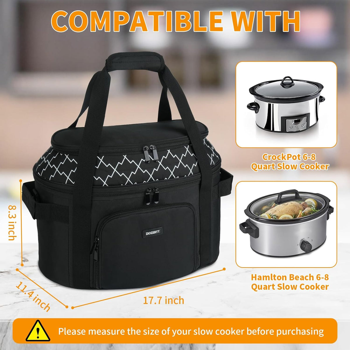 Slow Cooker Carrying Bag Compatible with 6-8 Quart CrockPot and Hamlton Beach,Double-Layer Insulated Carrier Case with Lid Fastener and See-through Window,Bag Only