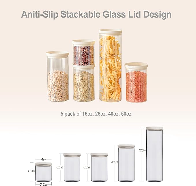 Urban Green Glass Food Storage Jar with Glass Lid, Food Canister Set with Airtight Lids, Pantry Jars for Kitchen Organization, Food Storage Containers in Set of 5