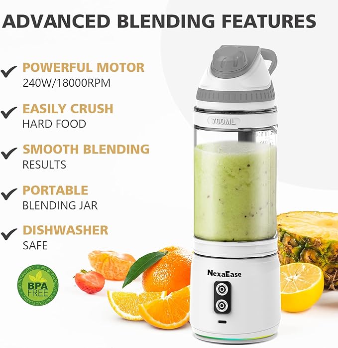 Portable Personal Blender for Smoothies, Protein Shakes, Frozen Drinks - 24Oz Blender Cup Bottle with Sip Spout, Travel Lid, USB-C Rechargeable, Cordless - Mini Small Blenders for Kitchen, Gym, Office