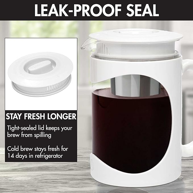 Primula Burke Deluxe Cold Brew Iced Coffee Maker, Comfort Grip Handle, Durable Glass Carafe, Removable Mesh Filter, Perfect 6 Cup Size, Dishwasher Safe, 1.6 qt, White
