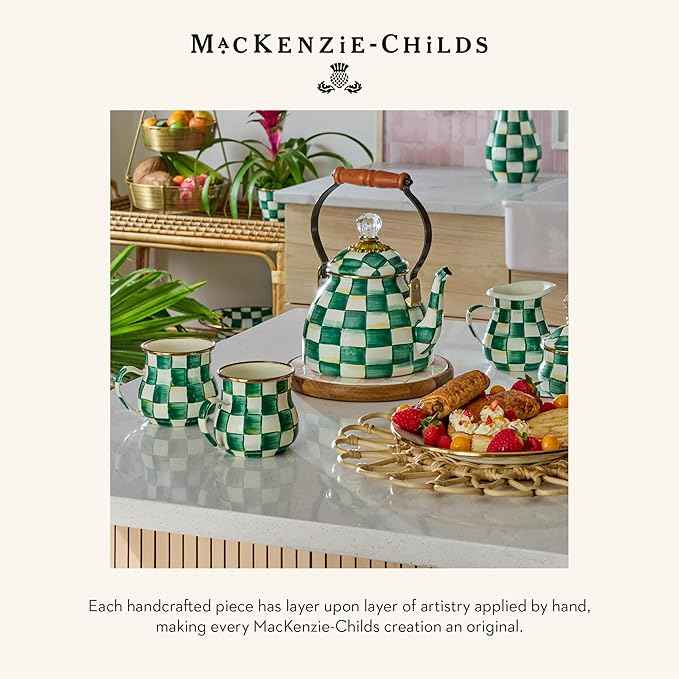 MACKENZIE-CHILDS Enamel Colander, Decorative Kitchen Strainer, Small, Green-and-White Emerald Check