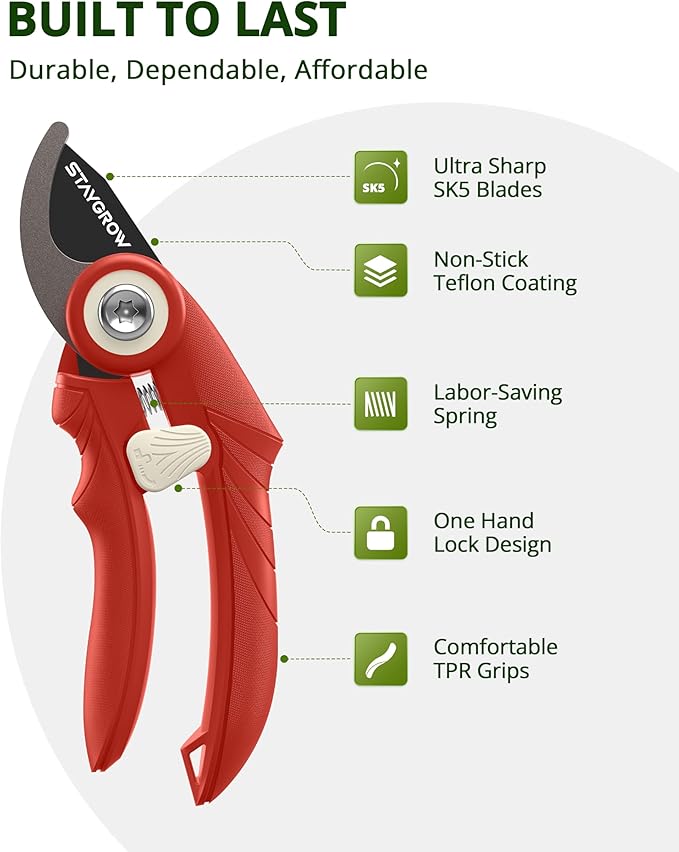 Pruning Shears - 6.9" Professional Garden Shears with SK5 Stainless Steel Sharp Blades, Garden Clippers with Comfortable Grip Hands and Safety Lock, Gardening Tools for Men Women - Red