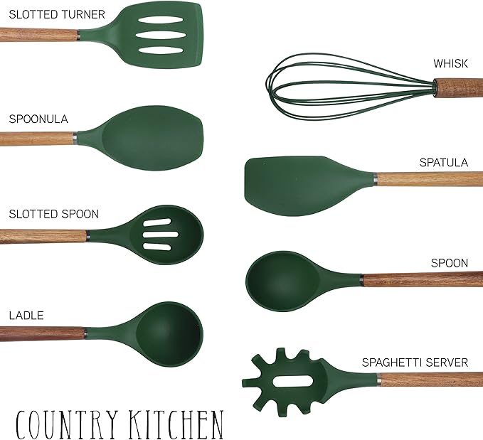 Country Kitchen Non Stick Silicone Utensil Set with Rounded Wood Handles for Cooking and Baking, 8 Piece Set, Green