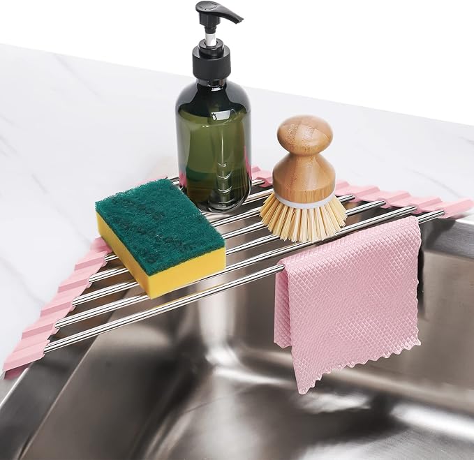 Tomorotec Triangle Foldable Dish Drying Rack, Small Roll-Up Stainless Steel Over Sink Drainer for Kitchen Sink Corner, Rustproof Multipurpose Organizer(Pink)